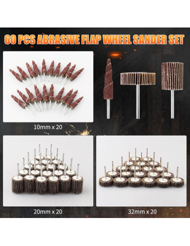 60 Piezas Ruedas de Lijado Flap Mixiflor 80 Granos 3,20 y 2 cm
