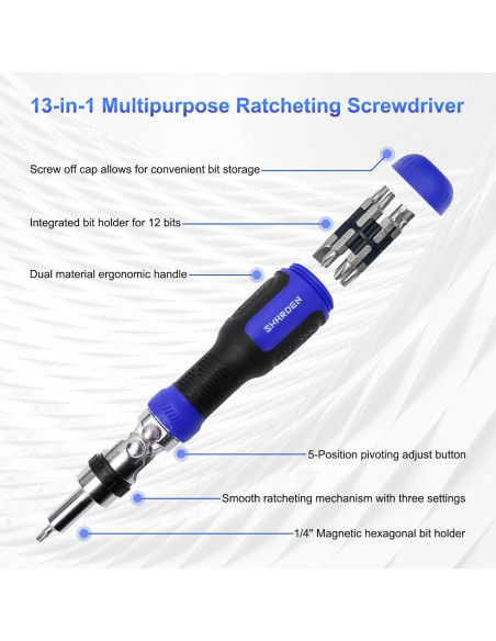 Destornillador Multi 13 en 1 SHARDEN con Carraca y Bits