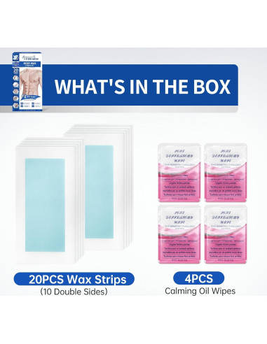 Cintas de Cera Beauty7 para Hombres - Kit 20 Cintas y 4 Toallitas