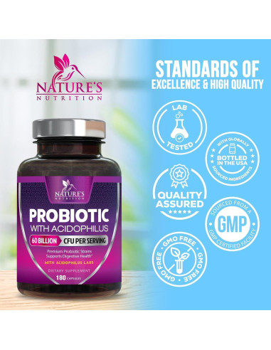 Probioticos Nature's Nutrition 60 Mil Millones CFU 180 Cápsulas
