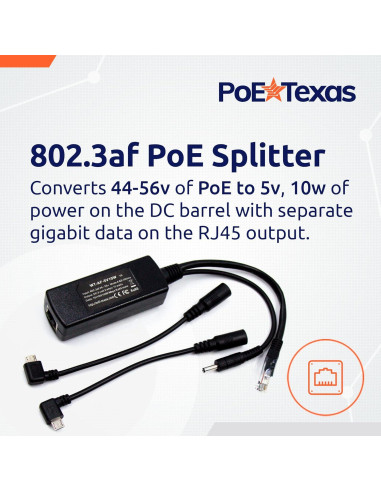 Divisor PoE 802.3af PoE Texas 5V 10W con MicroUSB