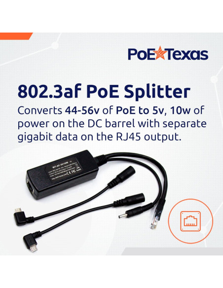 Divisor PoE 802.3af PoE Texas 5V 10W con MicroUSB