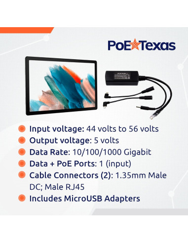Divisor PoE 802.3af PoE Texas 5V 10W con MicroUSB