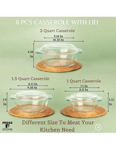Juego de Platos de Cazuela de Vidrio Borosilicato Moss & Stone 3 Piezas