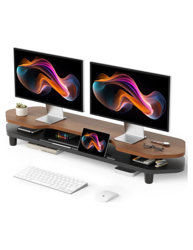 Soporte Elevador Doble para Monitor de Nogal 2 Niveles 260 mm