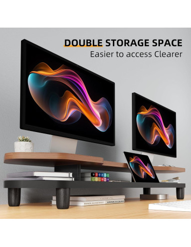 Soporte Elevador Doble para Monitor de Nogal 2 Niveles 260 mm