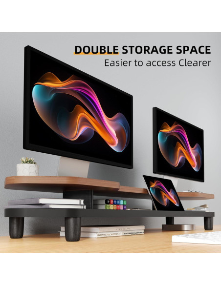 Soporte Elevador Doble para Monitor de Nogal 2 Niveles 260 mm