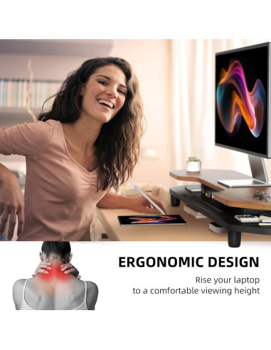 Soporte Elevador Doble para Monitor de Nogal 2 Niveles 260 mm