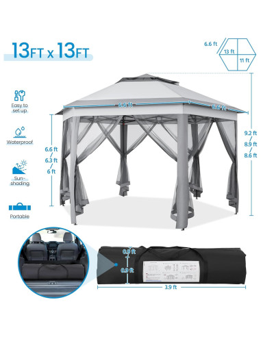 Gazebo Plegable Yaheetech 3x3m Hexagonal con Malla y Techo Doble