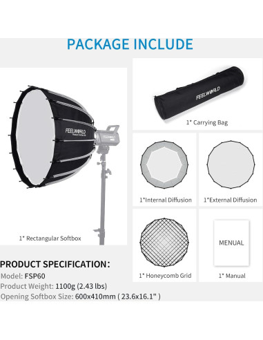 Softbox Parabólico FEELWORLD FSP60 V2 60cm para Luces Bowens