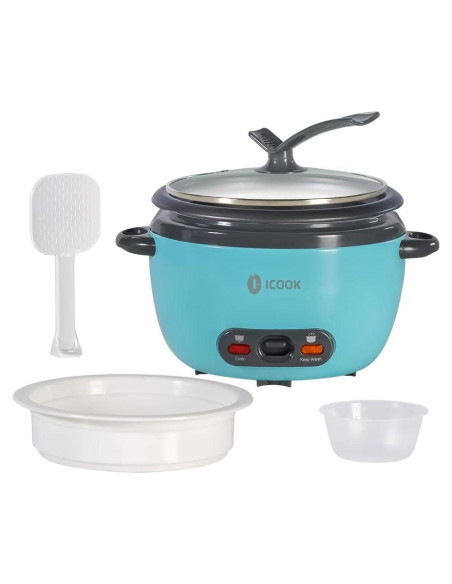 Olla Arrocera ICOOK 0.6L Azul con Vaporera y Tapa de Vidrio