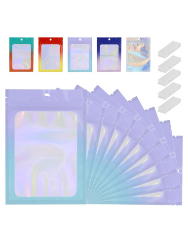 200 Bolsas Mylar Holográficas 5x8 GcFoir con Ventana Morado/Azul