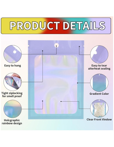 200 Bolsas Mylar Holográficas 5x8 GcFoir con Ventana Morado/Azul