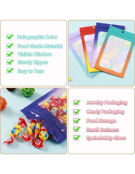 200 Bolsas Mylar Holográficas 5x8 GcFoir con Ventana Morado/Azul