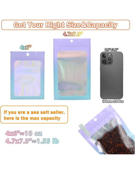 200 Bolsas Mylar Holográficas 5x8 GcFoir con Ventana Morado/Azul