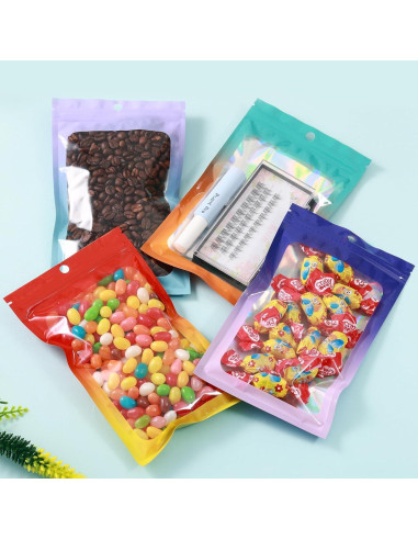 200 Bolsas Mylar Holográficas 5x8 GcFoir con Ventana Morado/Azul