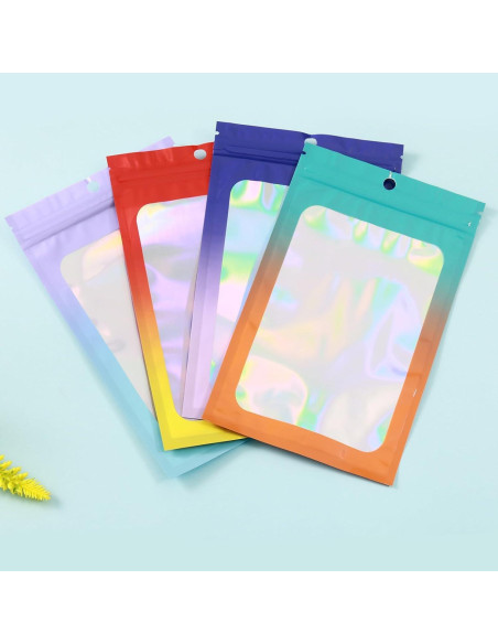 200 Bolsas Mylar Holográficas 5x8 GcFoir con Ventana Morado/Azul