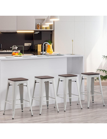 Set de 4 Taburetes de Bar Metálicos Yongqiang 61 cm Blanco Crema Set de 4 Taburetes de Bar Metálicos Yongqiang 61 cm Blanco Crema