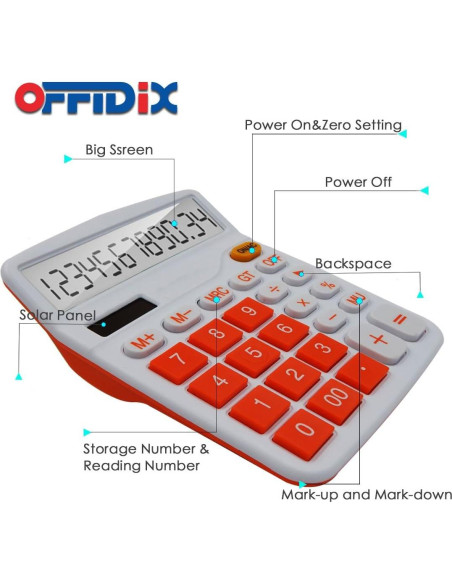 Calculadora OFFIDIX Electrónica Solar 12 Dígitos Naranja