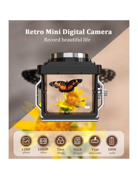 Cámara Digital Retro TURN RAISE 12MP 1080P Compacta Negra