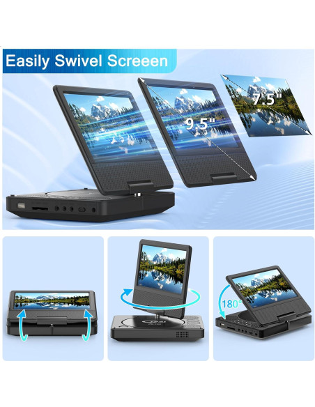 Reproductor DVD portátil PJGCWB 9.5" pantalla giratoria 7.5"