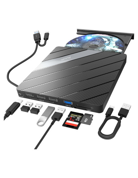 Unidad Externa de CD DVD Alxum 8 en 1 USB 3.0 Negra