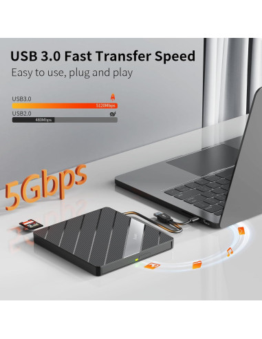 Unidad Externa de CD DVD Alxum 8 en 1 USB 3.0 Negra