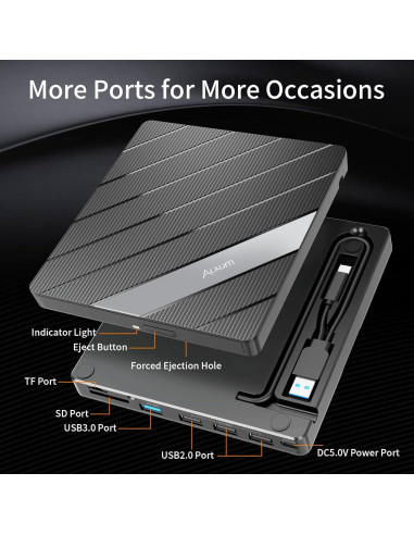 Unidad Externa de CD DVD Alxum 8 en 1 USB 3.0 Negra