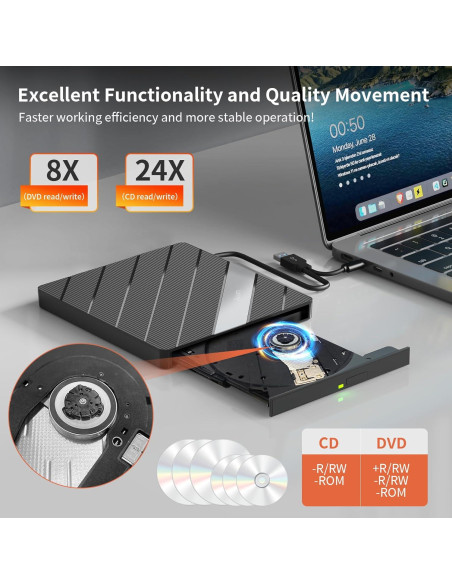 Unidad Externa de CD DVD Alxum 8 en 1 USB 3.0 Negra