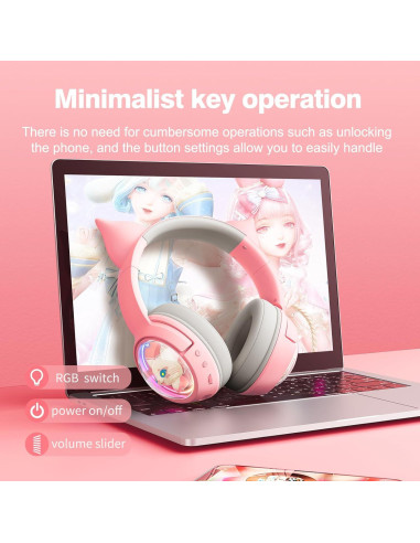 Auriculares Bluetooth PHNIXGAM Rosa con Luz RGB y Micrófono