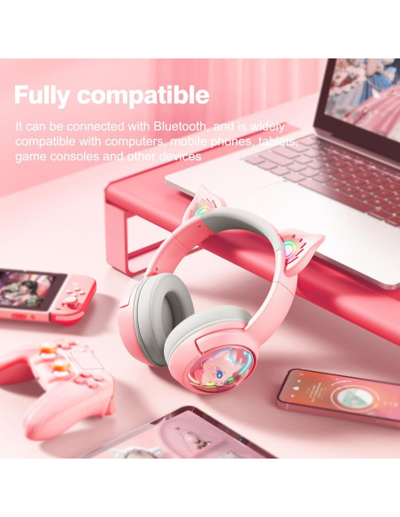 Auriculares Bluetooth PHNIXGAM Rosa con Luz RGB y Micrófono