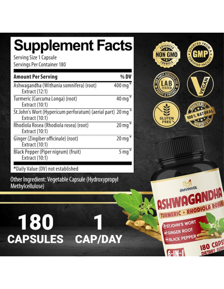 Cápsulas de Ashwagandha BMVINVOL 180 Veganas - Suplemento Herbal