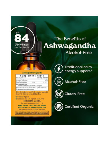 Extracto de Ashwagandha Orgánico Herb Pharm 60 ml Glicerita Sin Alcohol