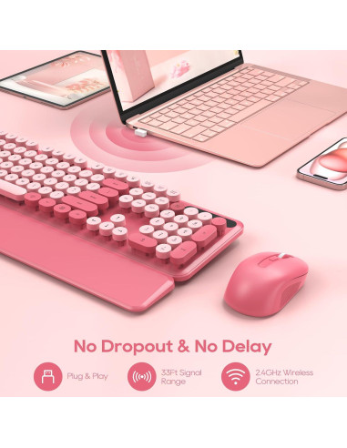 Combo Teclado y Ratón Inalámbrico SABLUTE Rosa Retro