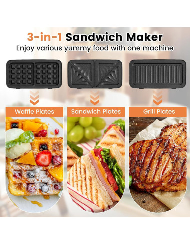 Máquina de Waffles 1200W COSTWAY 3 en 1 con Placas Desmontables