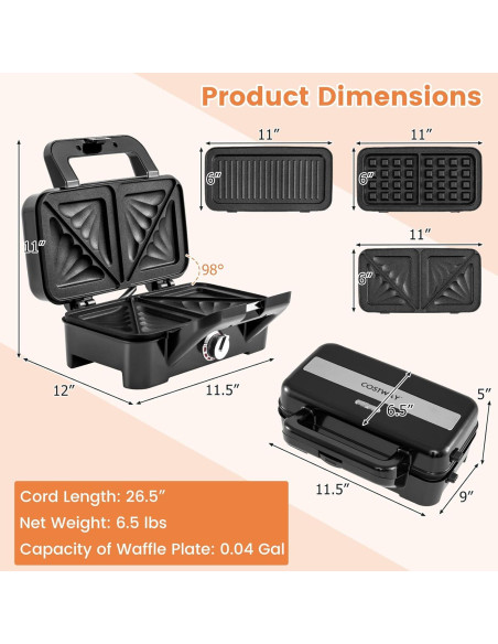 Máquina de Waffles 1200W COSTWAY 3 en 1 con Placas Desmontables