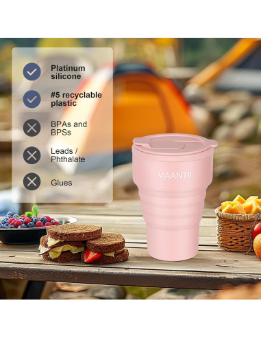 Taza Plegable de Silicona VAANTJI 375 ml Rosa Reutilizable