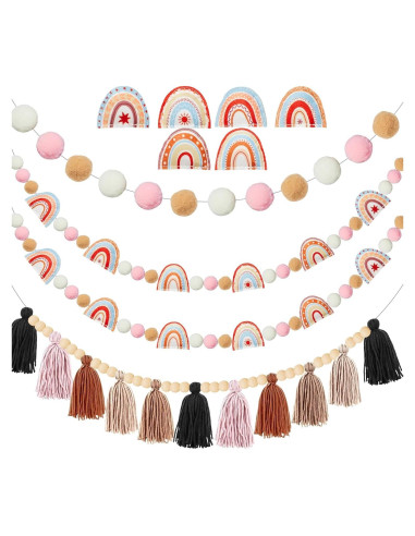 Guirnalda de Fieltro Boho QOUBAI 4 Pcs con Pom Poms y Borlas