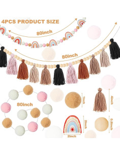 Guirnalda de Fieltro Boho QOUBAI 4 Pcs con Pom Poms y Borlas 2