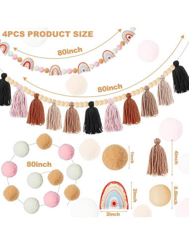 Guirnalda de Fieltro Boho QOUBAI 4 Pcs con Pom Poms y Borlas