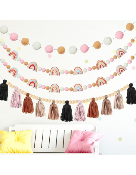 Guirnalda de Fieltro Boho QOUBAI 4 Pcs con Pom Poms y Borlas