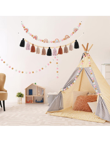 Guirnalda de Fieltro Boho QOUBAI 4 Pcs con Pom Poms y Borlas