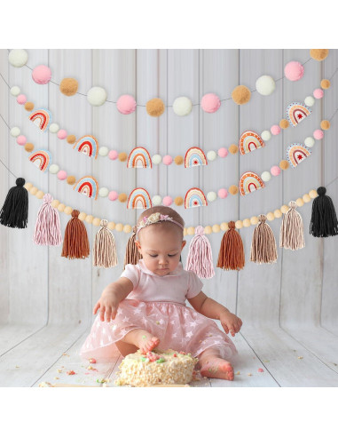 Guirnalda de Fieltro Boho QOUBAI 4 Pcs con Pom Poms y Borlas