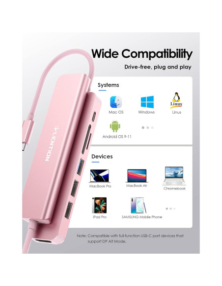 Hub USB-C LENTION CB-CE18 7 en 1 Oro Rosa 100W HDMI 4K