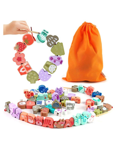 LovesTown 67 Perlas de Enhebrar de Madera para Niños