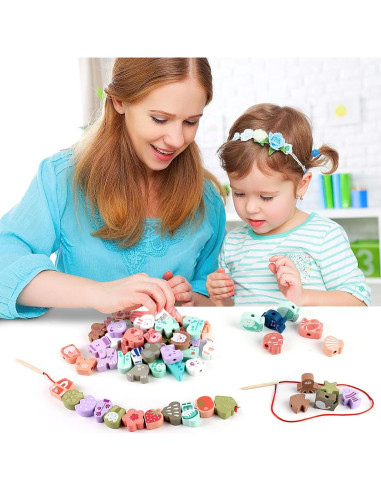 LovesTown 67 Perlas de Enhebrar de Madera para Niños