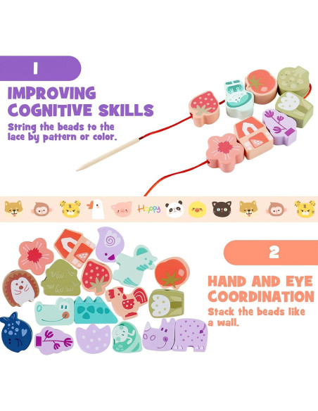 LovesTown 67 Perlas de Enhebrar de Madera para Niños