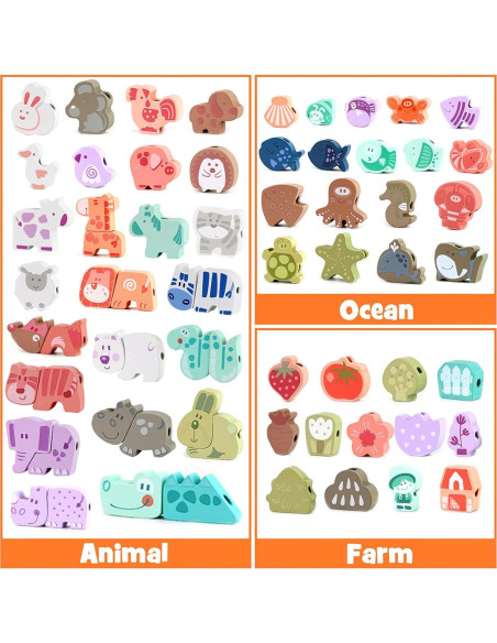 LovesTown 67 Perlas de Enhebrar de Madera para Niños