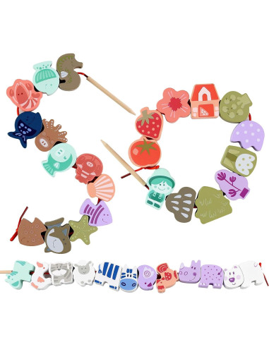 LovesTown 67 Perlas de Enhebrar de Madera para Niños