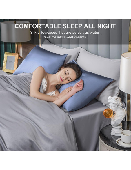 Funda de Almohada de Seda SIYUAN Cuerpo Azul Grisáceo Suave
